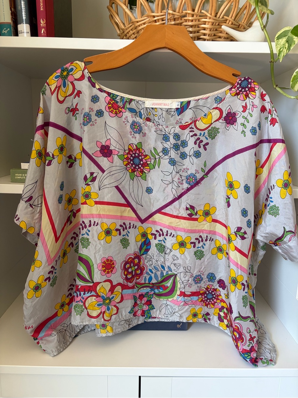 Johnny Was Floral Boxy Blouse in Gray with Yellow, Pink & Green